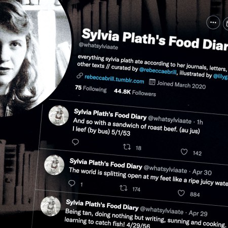 Image shows a screenshot of a twitter account called Sylvia Plath's Food Diary superimposed over a black and white headshot of Sylvia Plath