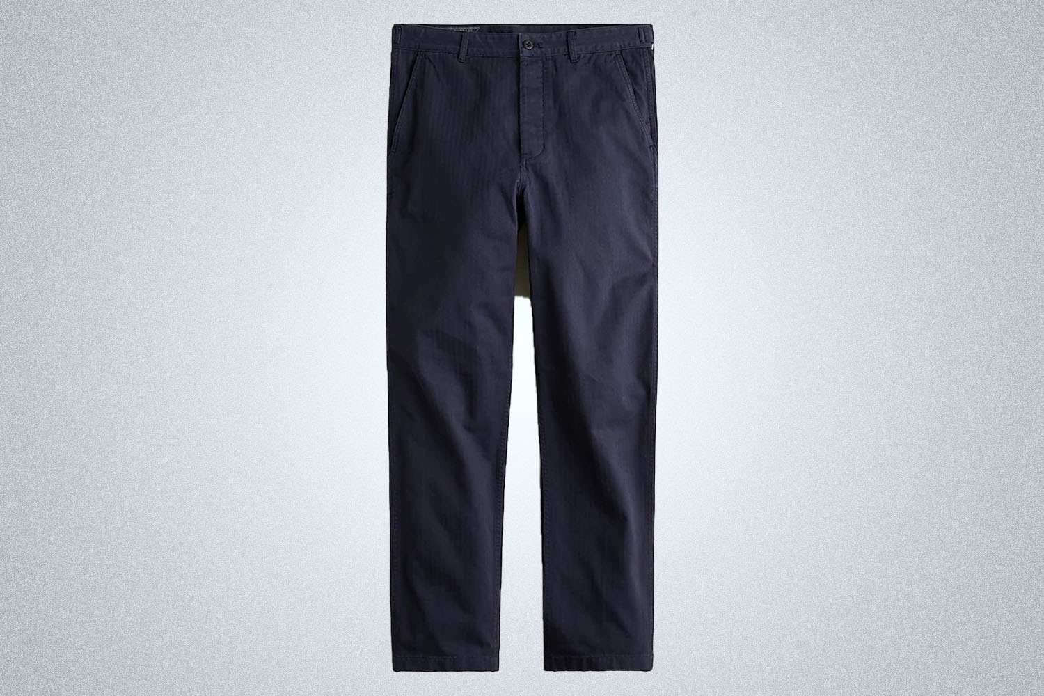 a pair of Wallace and Barnnes Navy Worker Pants on a grey background