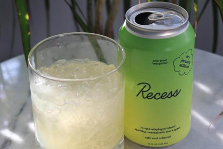 Recess Zero-Proof Margarita in a can and a glass; the limited-edition release is back on sale.