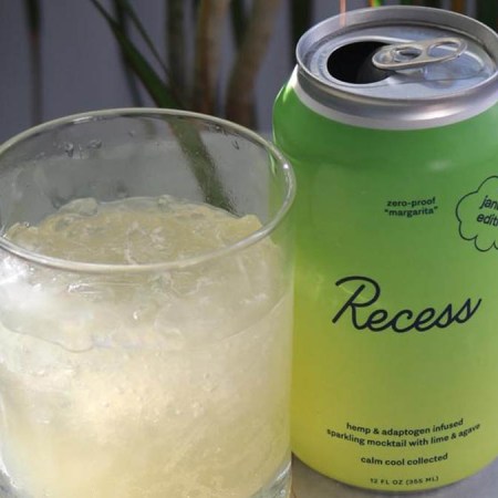 Recess Zero-Proof Margarita in a can and a glass; the limited-edition release is back on sale.