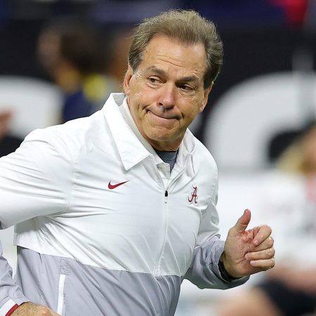 Head coach Nick Saban of the Alabama Crimson Tide looks on during pregame warm-ups