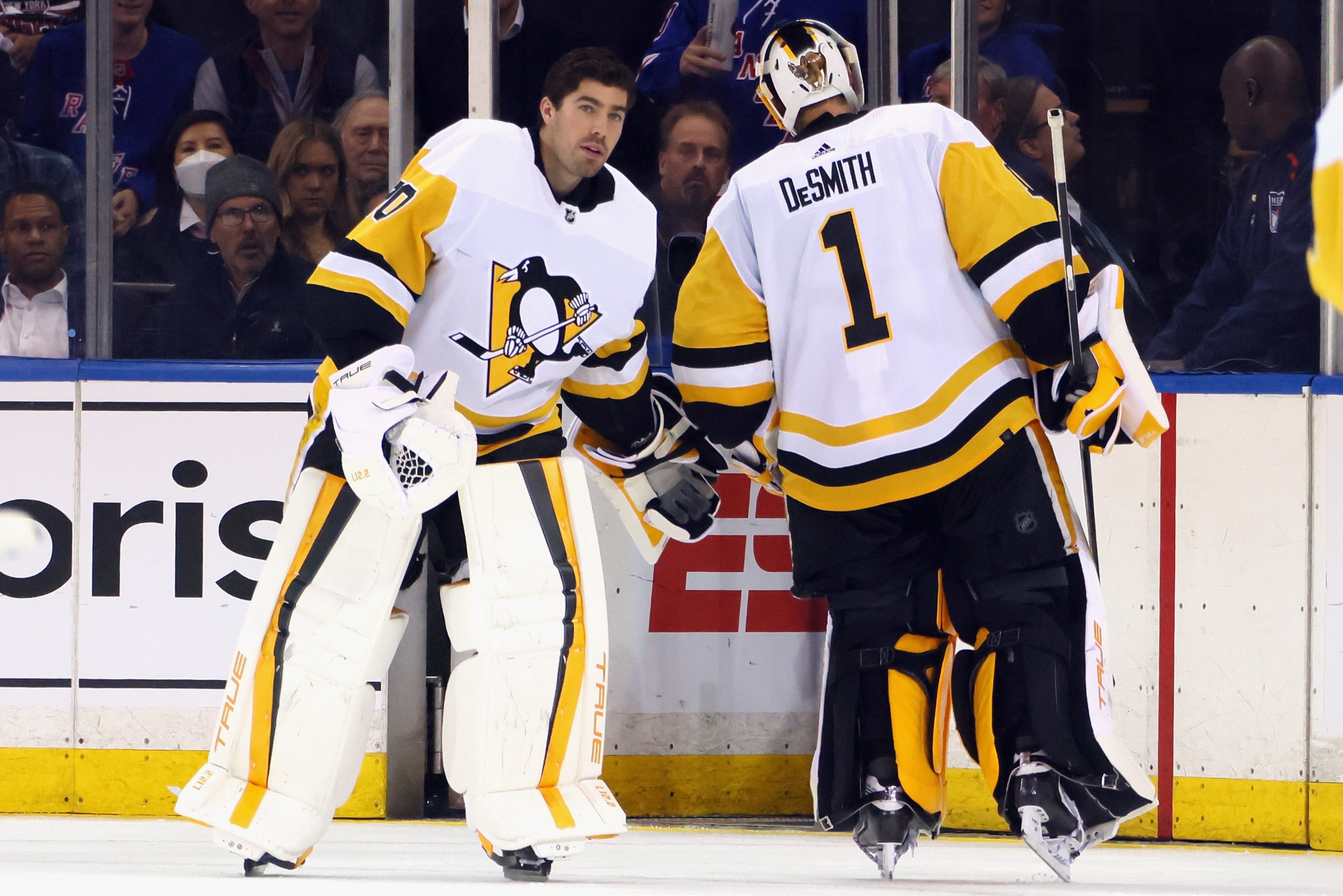 Louis Domingue of the Penguins comes in during the second overtime period to take over goaltending duties from Casey DeSmith