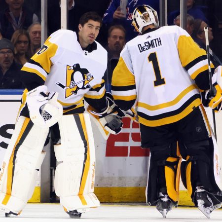 Louis Domingue of the Penguins comes in during the second overtime period to take over goaltending duties from Casey DeSmith