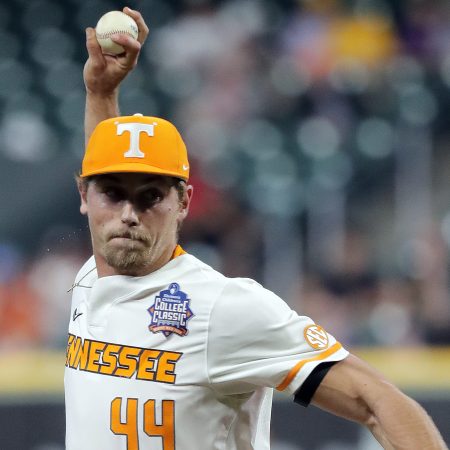 Ben Joyce of the Tennessee Volunteers pitches against the Baylor Bears