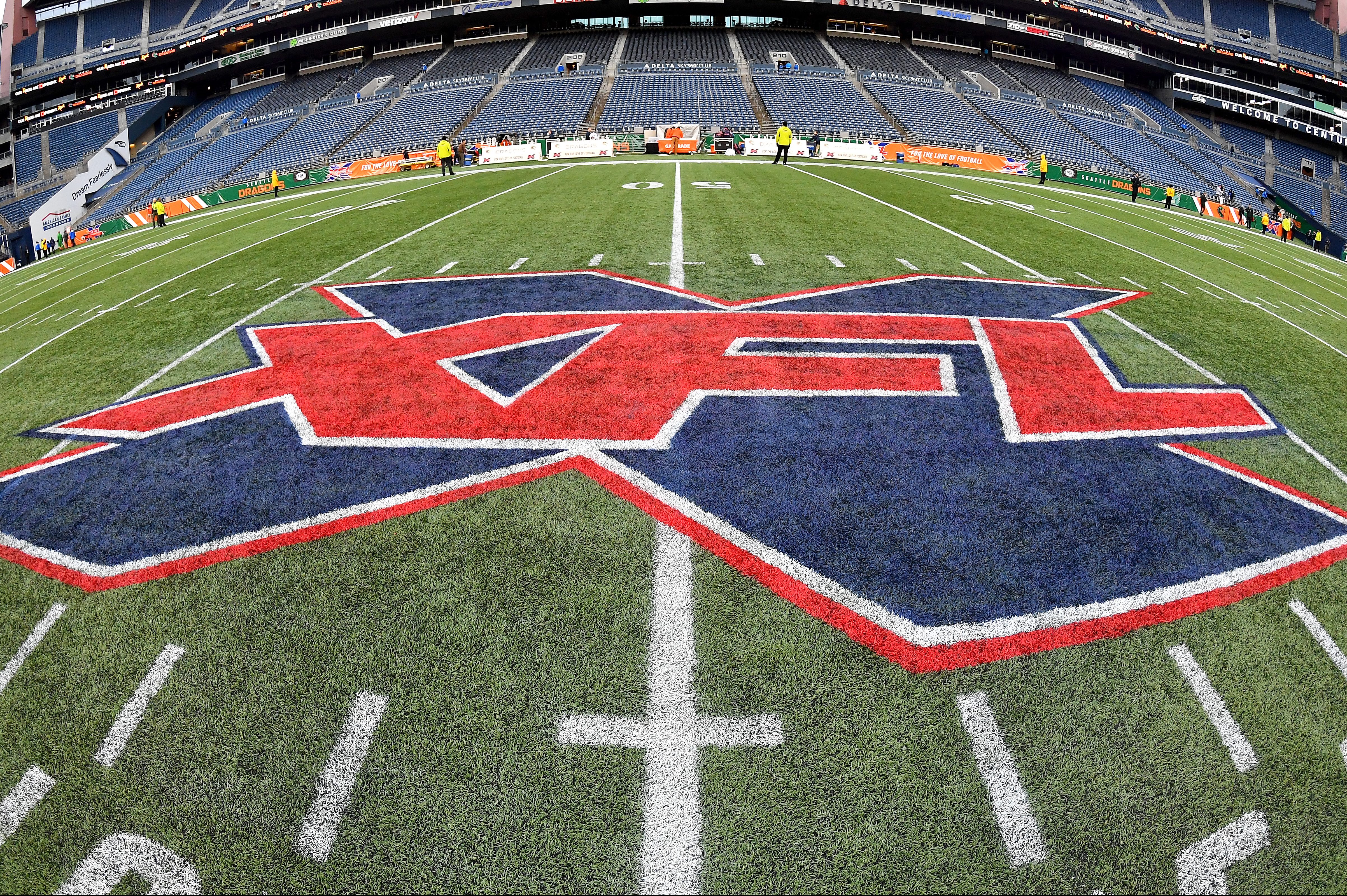 Seattle's CenturyLink Field with the XFL logo at midfield after a 2020 game