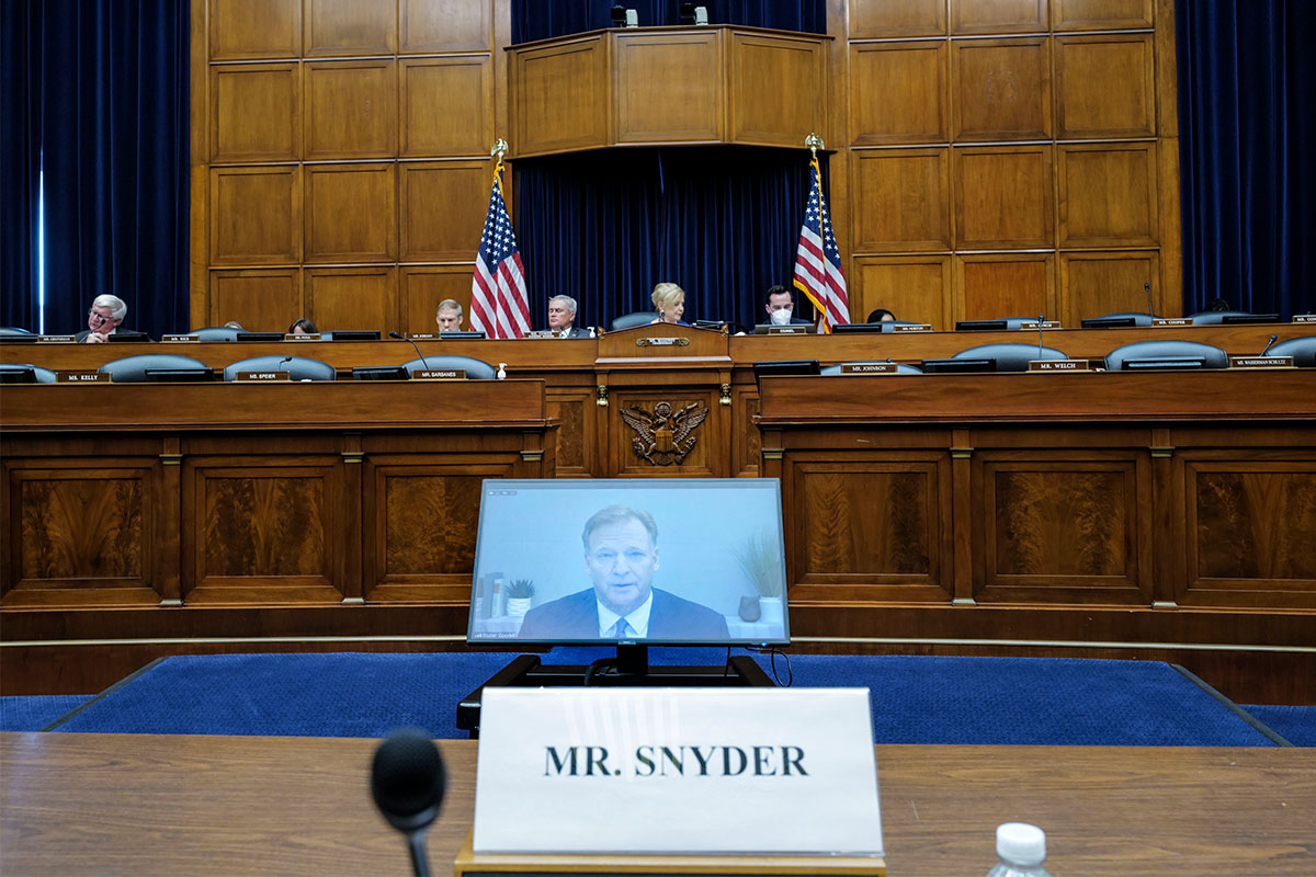 Roger Goodell speaking on Zoom at the Washington Commanders House hearings.