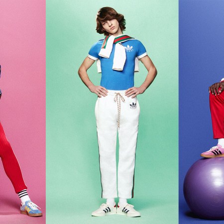 Three models in Adidas x Gucci on colored backgrounds