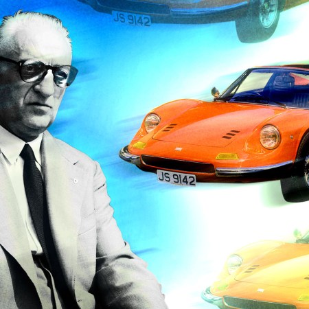 Enzo Ferrari in black and white pictured here in 1959. He's shown next to a 1973 Ferrari Dino 246 GTS road car, which was inspired by his son Alfredo, or Alfredino, Ferrari.