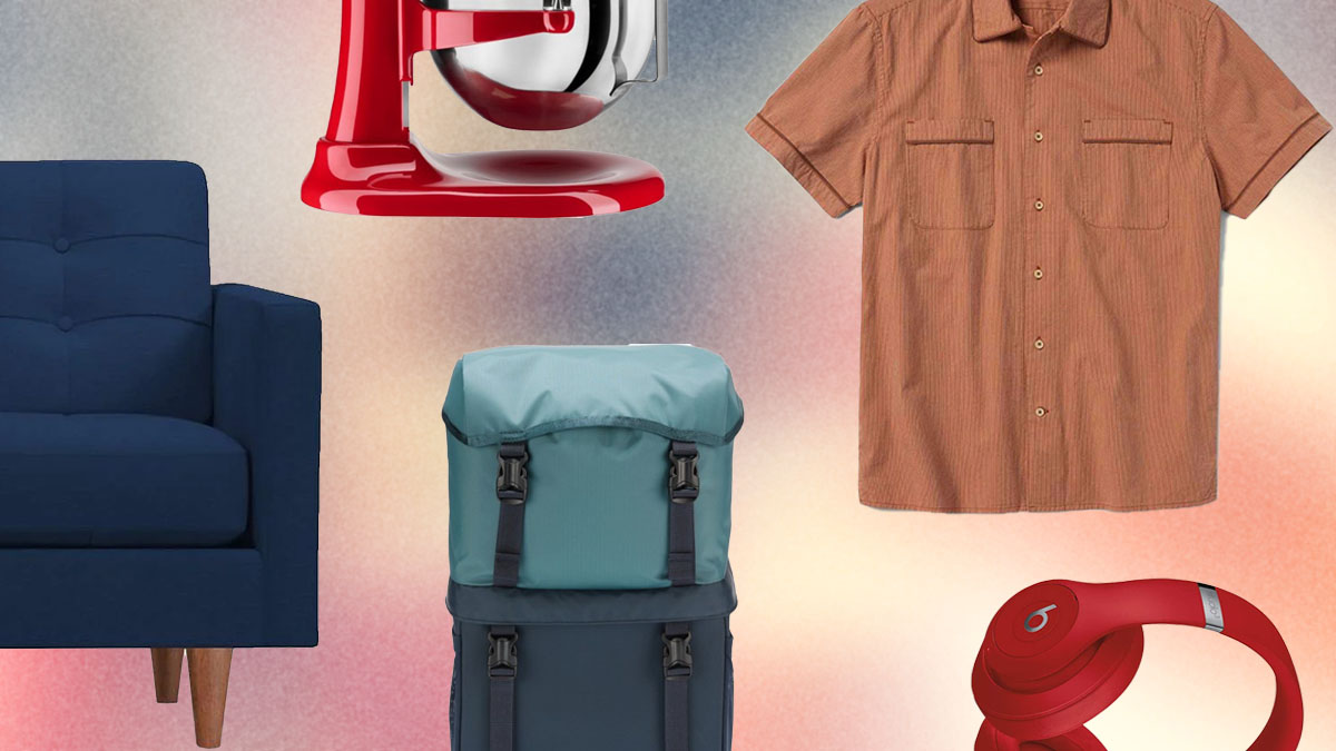 a collage of on sale items from various fourth of july sales on a washed out American Flag Background