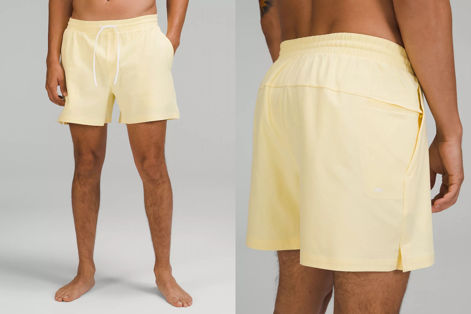 two model shots of a lululemon yellow pool short