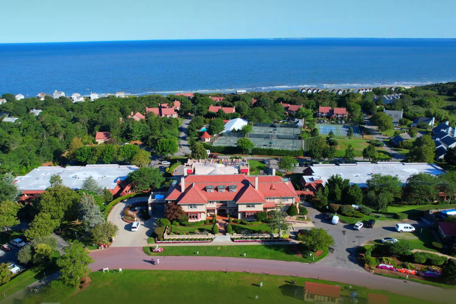 Aerial shot of Ocean Edge Resort and Golf Club in Brewster, Massachusetts