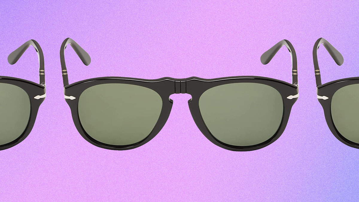 A collage of black Persol aviator sunglasses with green lenses on a light purple background