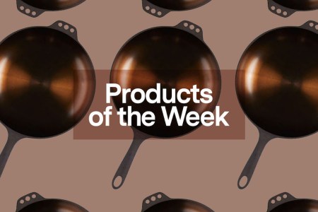 a collage of Smithey Skillets on a light brown background with the "products of the week" banner centered over the images