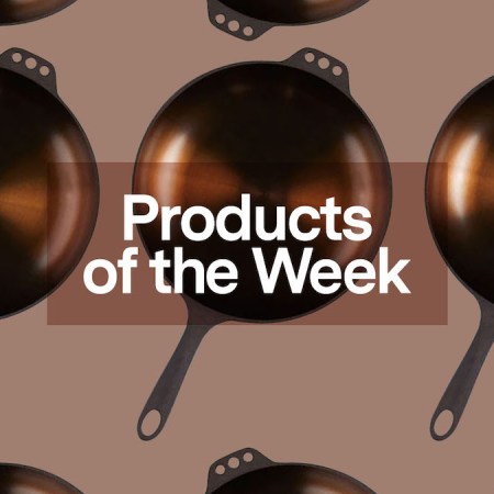 a collage of Smithey Skillets on a light brown background with the "products of the week" banner centered over the images