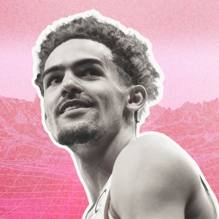 Trae Young in front of a pink digital landscape.