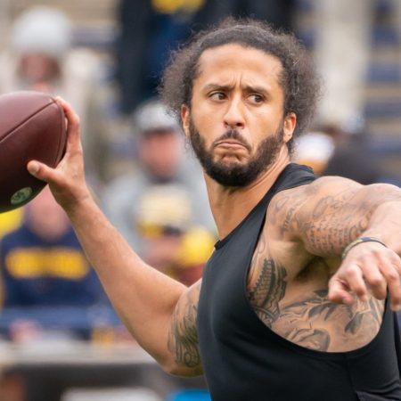 Colin Kaepernick participates in a throwing exhibition at Michigan Stadium in April.