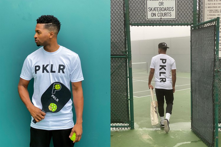 Two models wearing gear from PKLR, a pickleball clothing brand that does athleisure wear