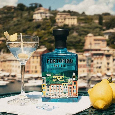 Portofino Dry Gin on a table with a G&T and a lemon -- Portofino is one of 10 good gins from around the globe