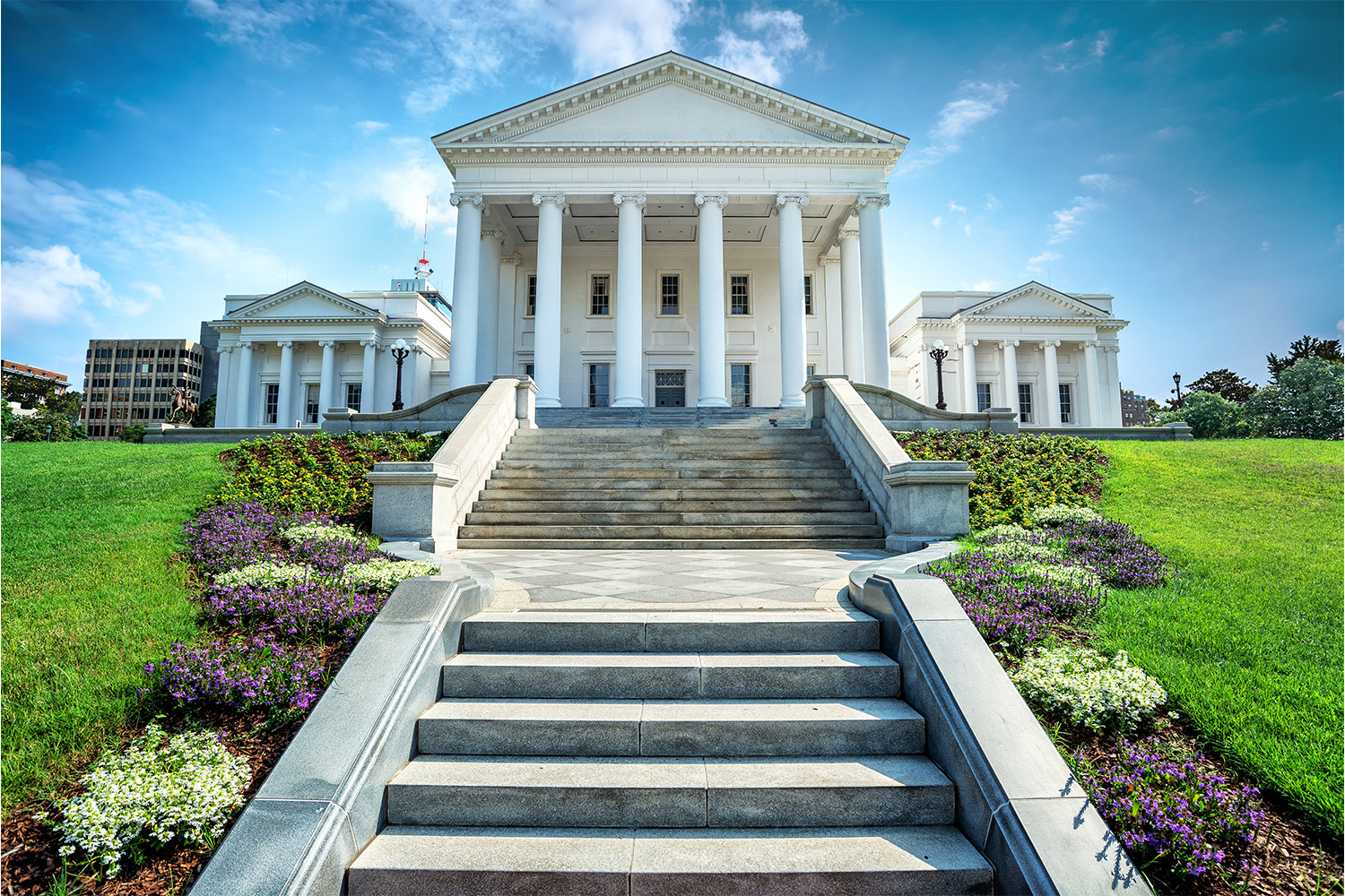 Looking up the hill at the State Capitol building of Virginia. 