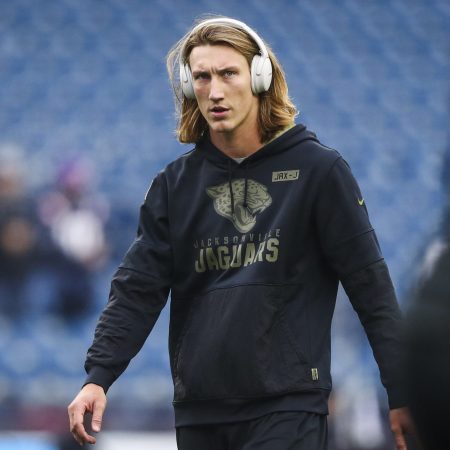 Trevor Lawrence of the Jacksonville Jaguars warms up before a game