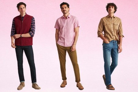 A collage of models wearing outfits from Bonobos on a pink gradient background