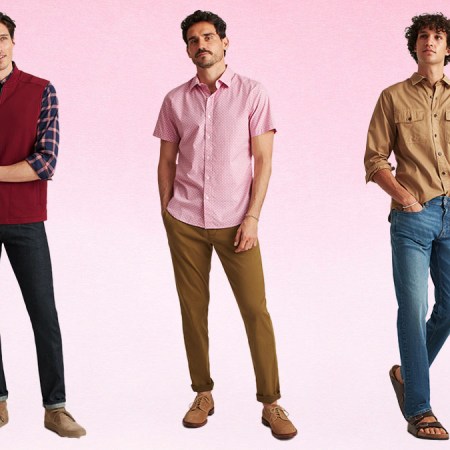 A collage of models wearing outfits from Bonobos on a pink gradient background