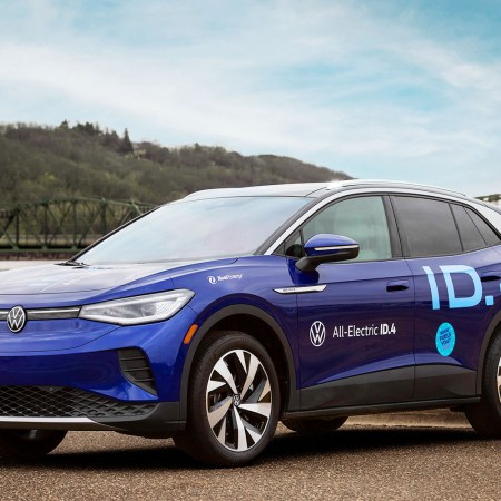 A blue Volkswagen ID.4 SUV, the electric vehicle Erika Gilsdorf took on her "What Fuels You" road trip