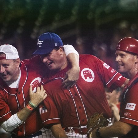 Republicans celebrate their win in the Congressional Baseball Game at Nationals Park.