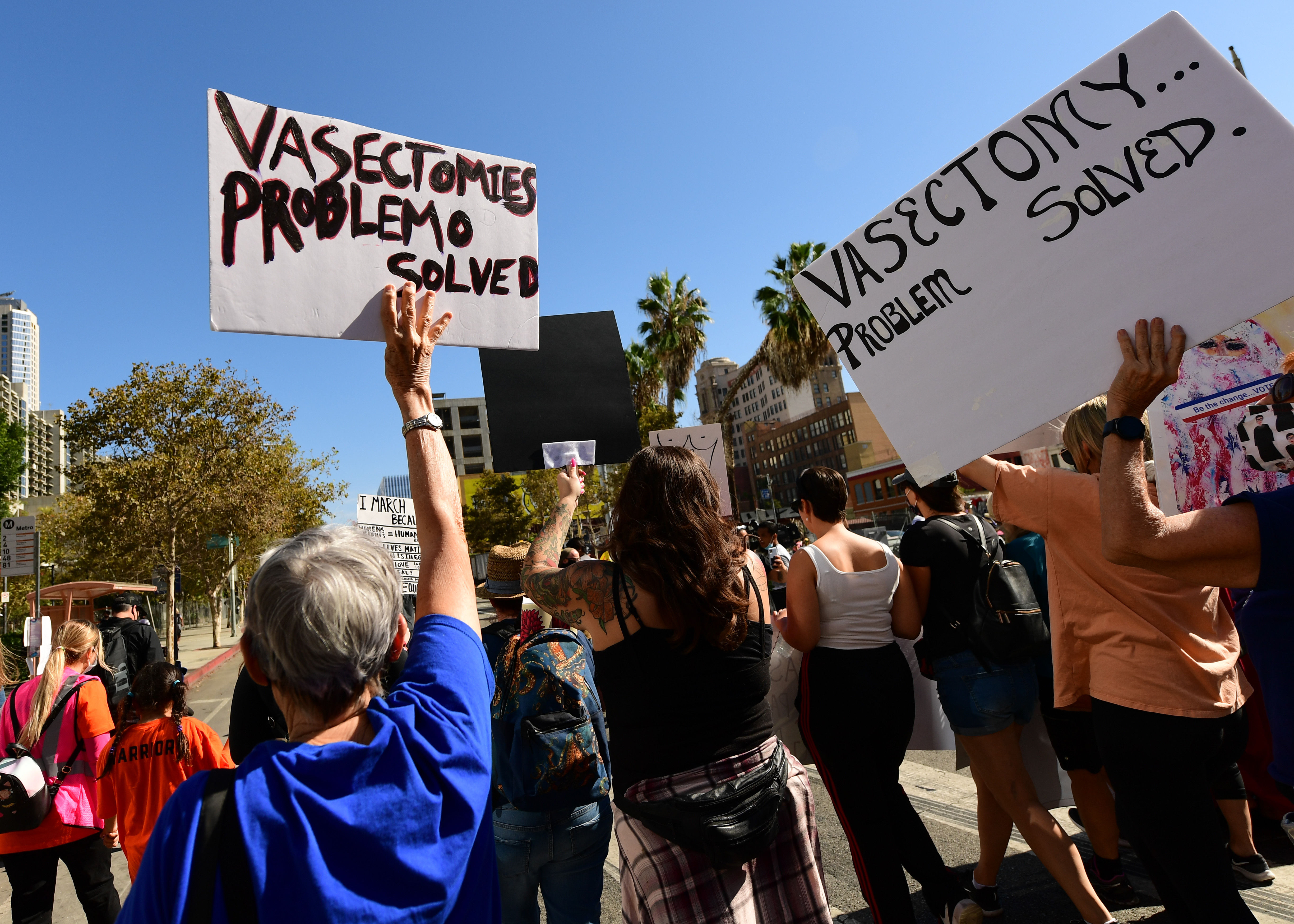 A women's march in Los Angeles, with two women holding signs arguing in favor of vasectomies.