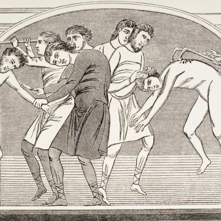 A Medieval sketch showing men being tortured.