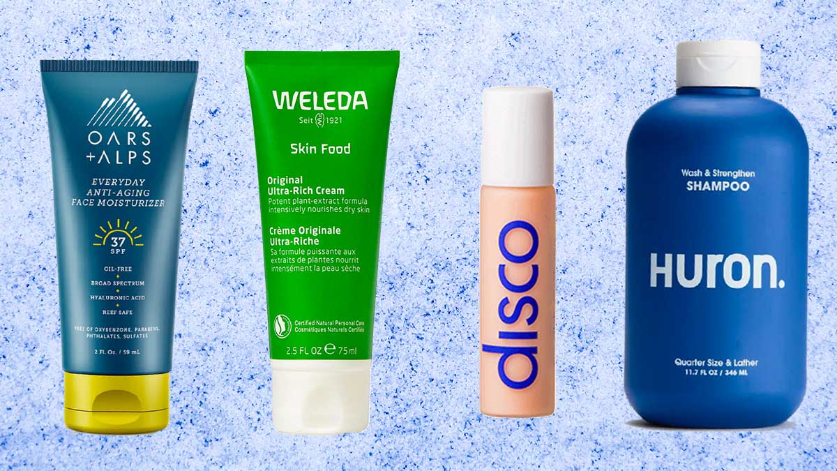 Oars and Alps everyday sunscreen, Weleda's Skin Food rich moisturizer, Disco's under-eye stick and Huron's shampoo, some of the 12 grooming basics every guy should own.