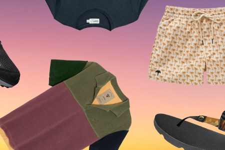 a collage of Huckberry items on a sunset colored background