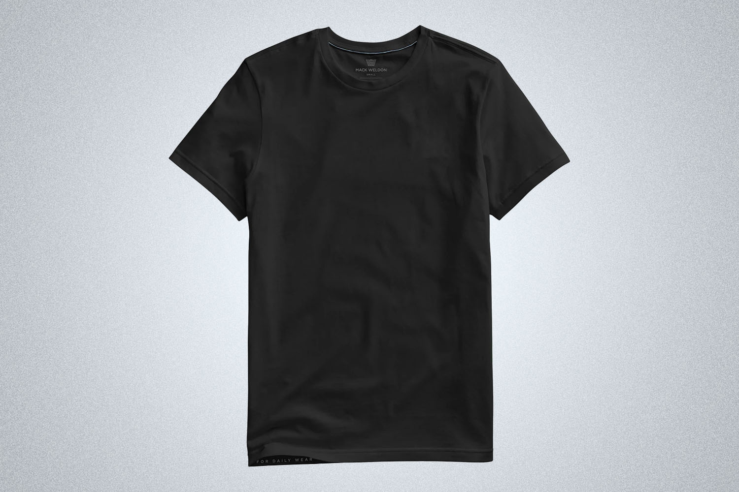 a black pima tee from Mack Weldon on a grey background