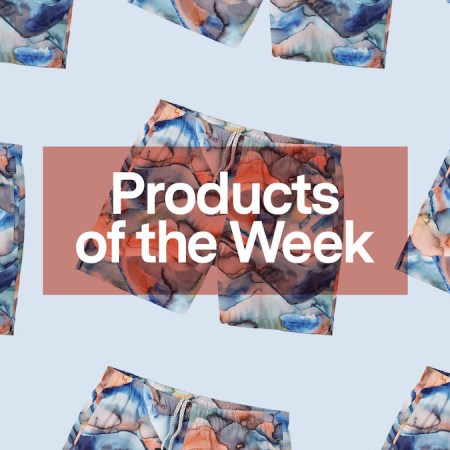 a collage of Myles Apparel Swim Trunks on a blue background with the "Products of the Week" logo in an orange box overlayed in the middle