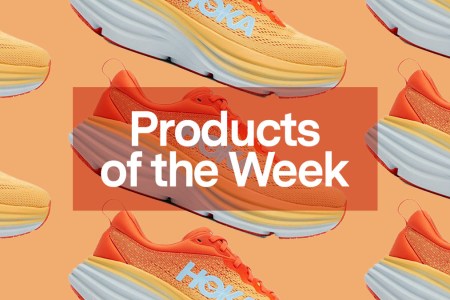 a collage of the Hoka Bondi 8 overlayed with the "products of the week" logo on an orange background