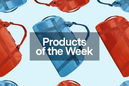 a collage of red and blue AWAY bags on a light blue background with the Prodcuts of the Week tag front and center