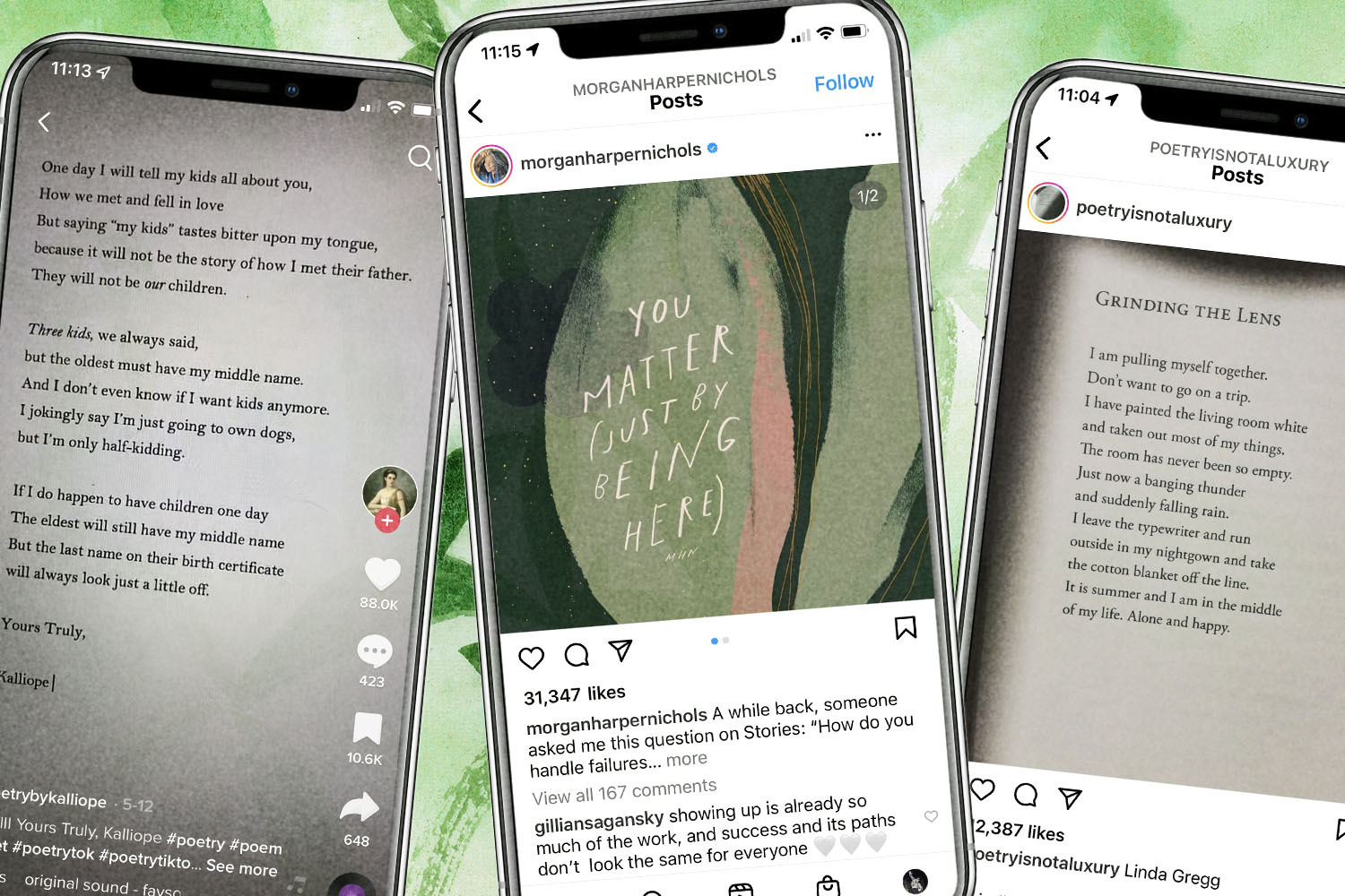 three phone screens displaying poetry on Instagram and Tik Tok