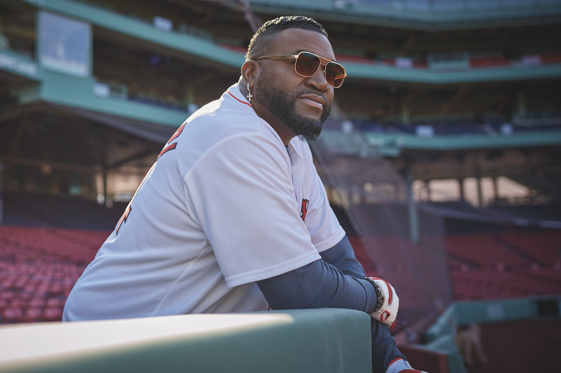 David Ortiz gazes out across an empty Fenway Park.