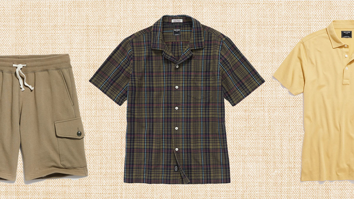 a collage of Todd Snyder clothing on a checked beige background