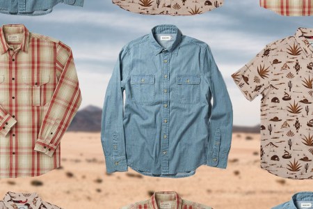 a collage of westernwear shirts on a desert background