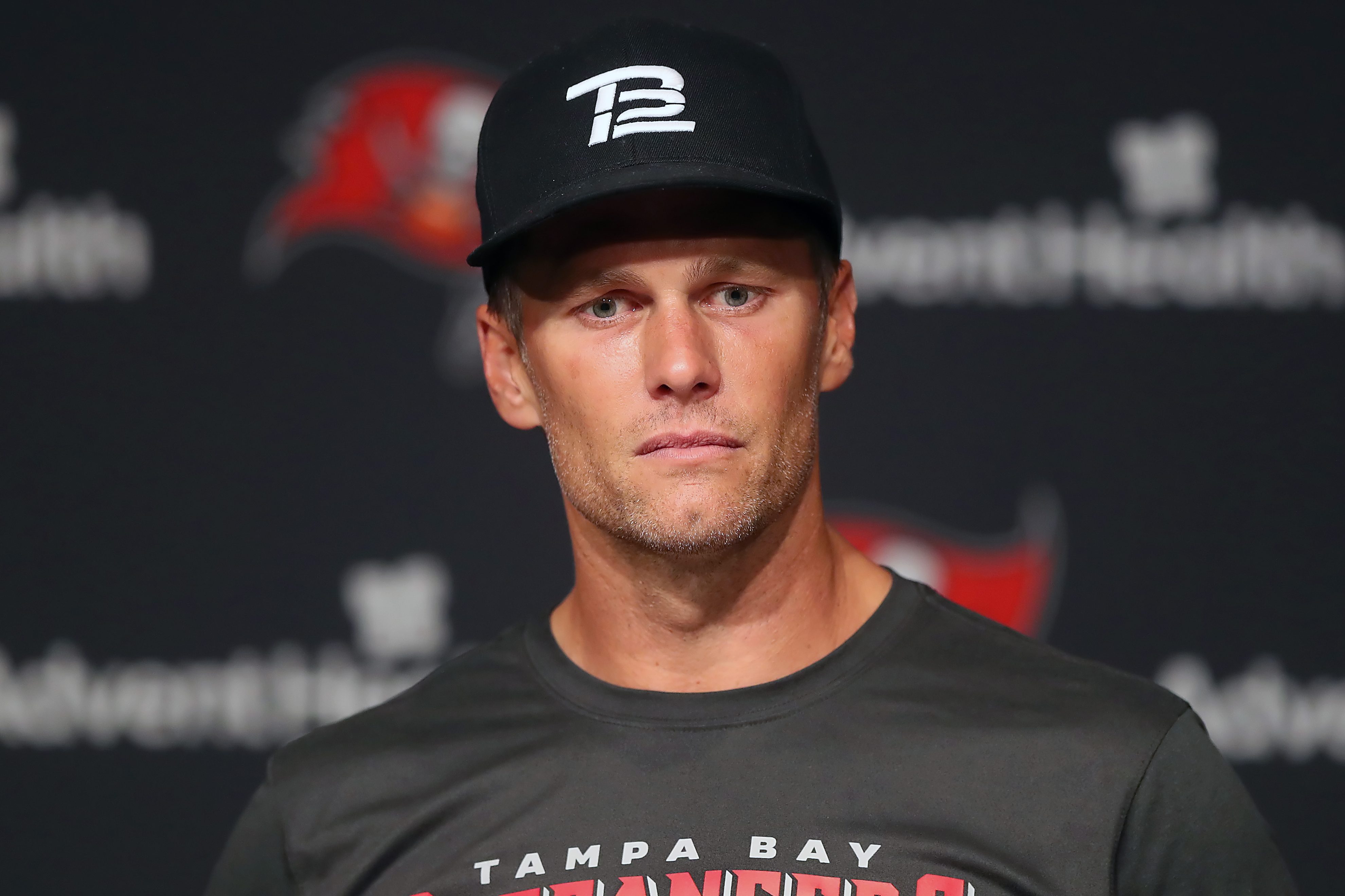 Tampa Bay Buccaneers quarterback Tom Brady speaks to the media.