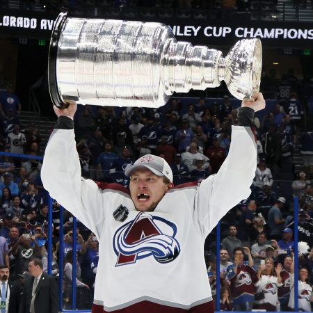 Erik Johnson of the Avalanche lifts the Stanley Cup in celebration