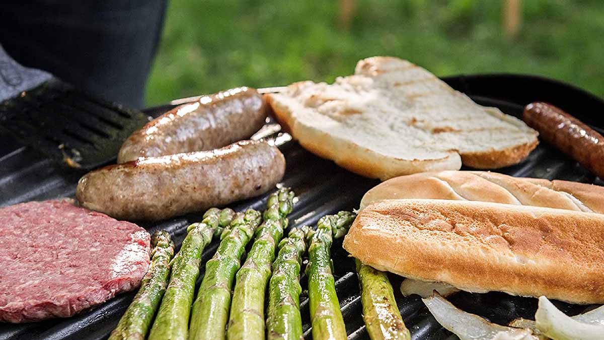 Food being cooked on a George Foreman Indoor/Outdoor Grill