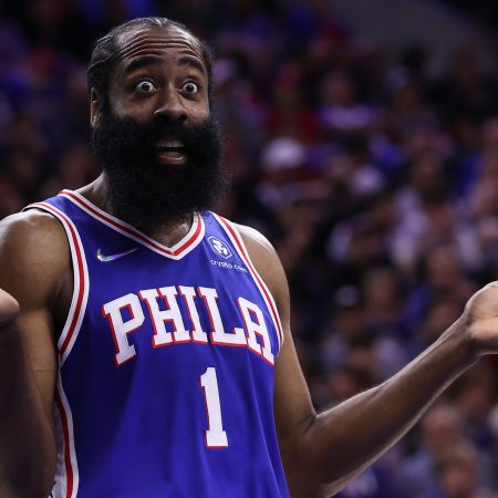 James Harden of the Philadelphia 76ers reacts during a playoff game.