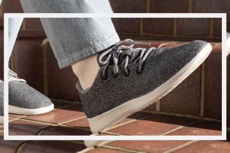 An overlayed image of a model walking in a pair of grey Allbirds Wool Runners