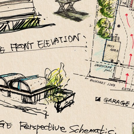 Three different intricate sketches of car garages oriented next to each other on a paper background.