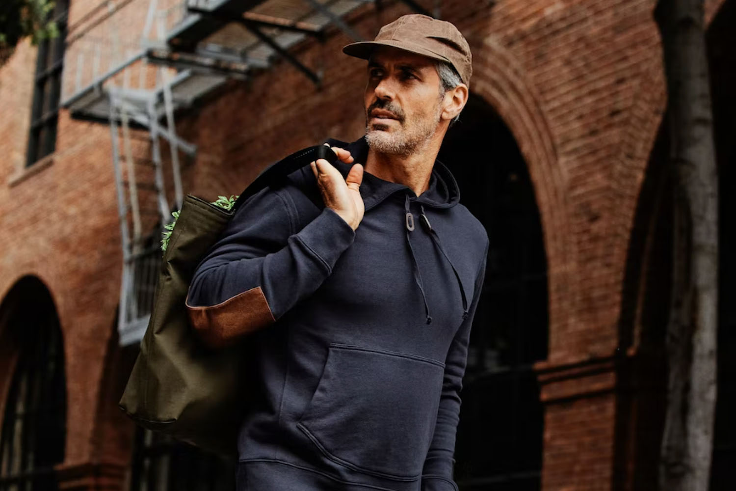 a model in the Huckberry x Billy Reid Dover hoodie