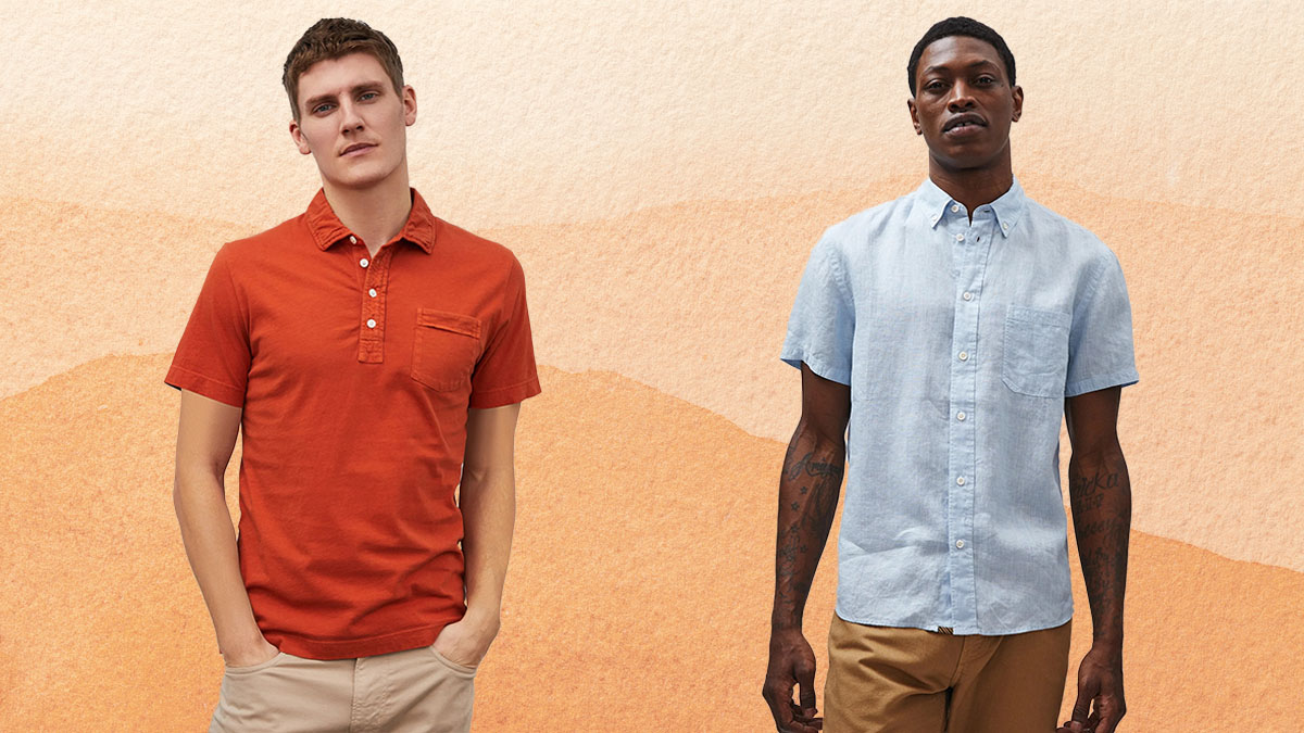 two Billy Reid models on a textured orange, peach and white background