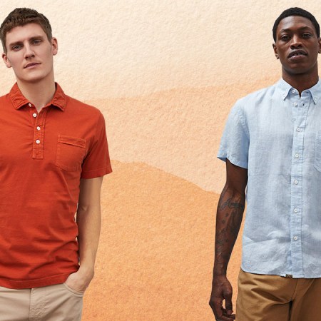 two Billy Reid models on a textured orange, peach and white background