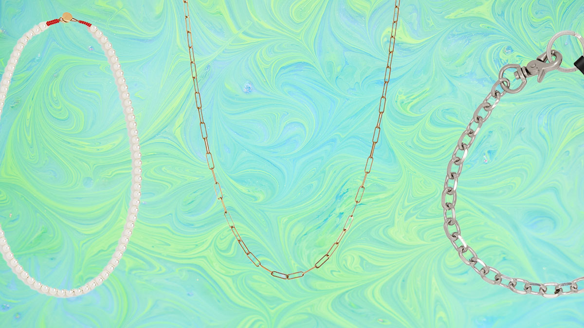 a collage of necklaces and chains on a marbled green and blue background